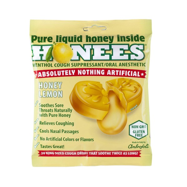 Honees Honey Lemon Cough Drops - 20-Piece, Single Pack Honey-Filled Lozenges | Temporary Relief from Cough | Soothes Sore Throat | All Natural