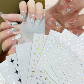 Star Nail Stickers for Nail Art, 3D Self-Adhesive Laser Black Gold Silver Stars Nail Design Decals Star Stickers Spring Summer Nail Decorations for Women DIY Manicure Nail Art Accessories 6 Sheets