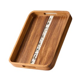 Acacia Wood Serving Tray with Handles - Rectangular Decorative Ottoman Tray for Living Room, Breakfast in Bed, Coffee Table Tray for Decor, Desktop Organizer, 16"x12"