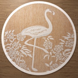 LR Home 8ft Round Indoor/Outdoor Area Rug for Home Decor | Flamingo Carpet for Living Room, Bedroom, Playroom, Patio, Garden | Tropical Farmhouse Rug | Beige/Tan