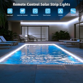 DBFAIRY 50Ft Solar LED Strip Lights Outdoor, Large Capacity Solar Powered Flexible Tape Lights with Remote Dimmable 8 Lighting Modes for Patio Pool Camping Decor, 6000K Cool White