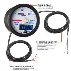 MaxTow Double Vision 30,000 PSI Fuel Rail Pressure Gauge - Compatible with Chevy Duramax 2002-2018 6.6L & Dodge Cummins Diesel 2003-2018 5.9L / 6.7L - White Gauge Face - Blue LED Dial - 2-1/16" 52mm