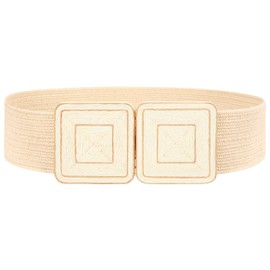 WHIPPY Straw Woven Elastic Belt for Women Fashion Boho Raffia Ladies Belt Braided Wide Stretch Waistband for Dress, Beige, L