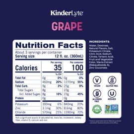 KinderLyte Electrolyte Solution for Kids and Adults - Hydration Drink (Grape, 6 Pack), No Artificial Sweeteners or Flavors, No Synthetic Dyes, Vegan, Non-GMO, Gluten-Free