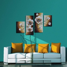 Wieco Art Large Modern 4 pcs 100% Hand Painted Gallery Wrapped Abstract Floral Oil Paintings on Canvas Wall Art Yellow Flowers Bloom Artwork Ready to Hang for Living Room Bedroom Home Decorations L