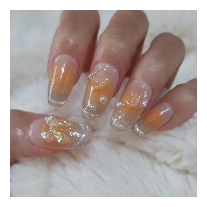 Youngrong Orange Fly Handmade Nail Tips - Short Oval /