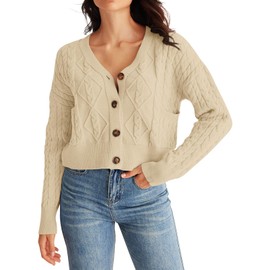 MEROKEETY Women's Long Sleeve Open Front Cable Knit Crop Cardigans V Neck Button Sweaters with Pockets, Apricot, XL