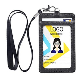 Teskyer Badge Holder, Vertical Double PU Leather ID Badge Holder with 1 Clear ID Window & 1 Credit Card Slot and a Detachable Neck Lanyard (Black)
