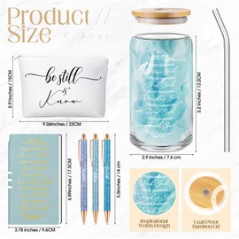 Spakon 6 Pcs Christian Gifts for Women Bible Verse A6 Leather Journal Notebook 16 oz Glass Cup Glitter Ballpoint Pen Makeup Bag Inspirational Gifts Sunday School Teacher Appreciation Day(Blue)