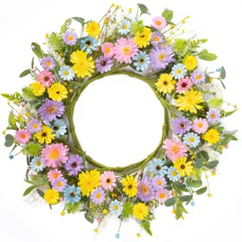 TIVMIK 24" Front Door Wreath for Spring Summer Floral Seasonal Wreath with Colorful Flower Vibrant Artificial Daisy &Eucalyptus with Berries for Indoor & Outdoor Wall Home Decor
