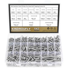 Kindroufly 542 Pieces #4#6#8#10#12 Phillips Pan Head Self-Tapping Screws, Wood Screws Assortment Kit, 304 Stainless Steel