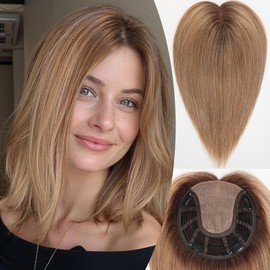 HAIRCUBE 100% Human Hair Topper for Women 7 * 7 Inches Large Coverage Ombre Ash Blonde Hair Topper No Bangs for Women with Thinninghair Cover Gray Roots