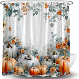 Generic Fall Pumpkin Shower Curtain Watercolor Blue Orange Leaves Floral Autumn Maple Leaf Harvest Thanksgiving Farmhouse Seasonal Holiday Rustic Country Fabric Bathroom Curtain with Hook