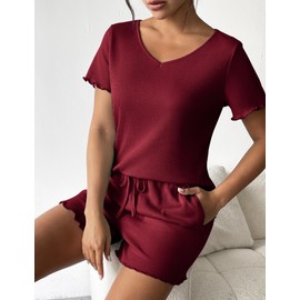 Ekouaer Womens Pajama Set Waffle Knit 2 Piece Short Sleeve Lounge Set Soft Ribbed Pj Set Red Waffle Top and Shorts,XXL