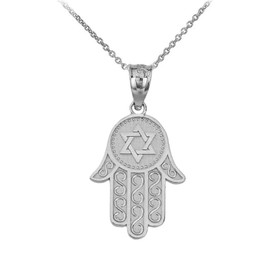Jewish Jewelry 925 Sterling Silver Star of David Charm Hamesh Hand Hamsa Pendant Necklace, Sterling Silver