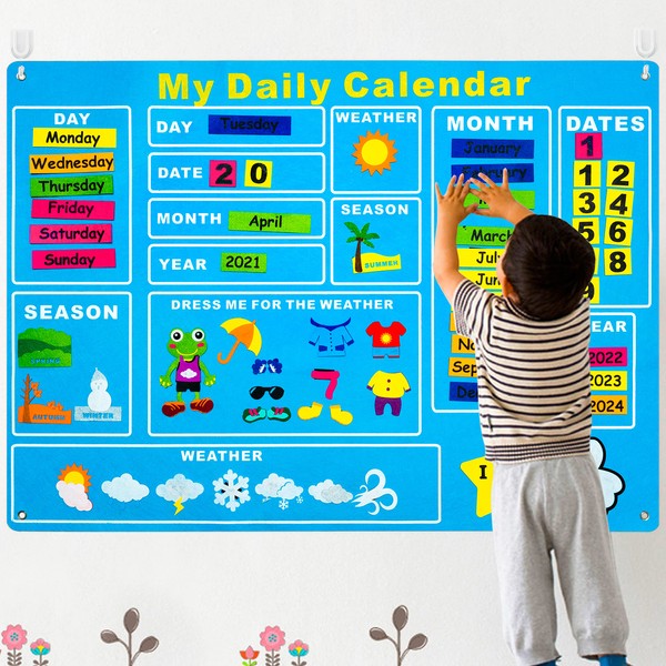 WATINC 70Pcs My First Daily Calendar Felt Board for Toddlers Kids 3.5Ft Today Calendar Chart Hanging Board for Wall DIY Date Weather Season Month Dress Up Preschool Educational Early Learning Play Kit