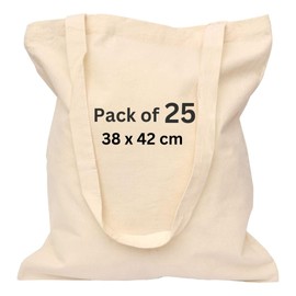 Cotton Canvas Plain Tote Bags to Decorate in Bulk Pack of 3/5/10/25, 145gsm 100% Natural Cotton Premium Fabric Blank Reusable Large Canvas bag -38 X 42 cm+65cm long Handles (Pack of 25-Natural)