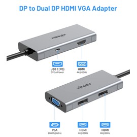 DisplayPort to HDMI 4K 60Hz, DisplayPort Splitter to Dual DisplayPort HDMI VGA Adapter 4-in-1, DP to HDMI Display MST Hub for DP 1.2 Devices