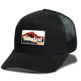 Timberland Black Trucker Hat for Men, One Size, Durable Cotton Twill, Adjustable Mesh Back, Curved Brim, Breathable and Lightweight for Outdoor Adventures