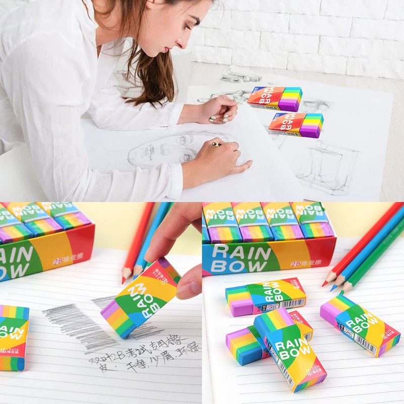 Pack of 30 Soft 2B Erasers, Rainbow Erasers, Rubber Erasers