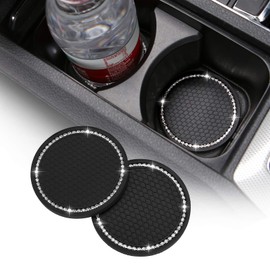 ACODABLEM 2 Pack Bling Car Cup Holder Insert Coasters, 2.75 Inch Soft Crystal Rhinestone Rubber Pad Set Round Auto Drink Coaster Car Interior Accessories (Black)