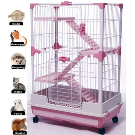 Large Pink Multi-Level in/Outdoor Small Animal Cage for Guinea Pig Ferret Chinchilla Cat Playpen Rabbit Hutch Paw Safe Solid Platform & Ramp Easy Pull Out Leakproof Litter Tray Large Access Doors