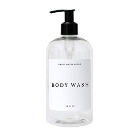 Sweet Water Decor Clear Plastic Jar | Refill Body Wash Dispenser | 16 oz Refillable Bottle with Pump | White Waterproof Label with Black Text | Rustic, Modern, Farmhouse Gift (Body Wash)