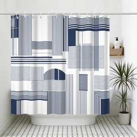 Yeele Navy Blue Geometric Line Art Shower Curtain, Modern Abstract Shower Curtain, Waterproof Machine Washable Fabric Bath Curtain 72x72 Inch with Hooks