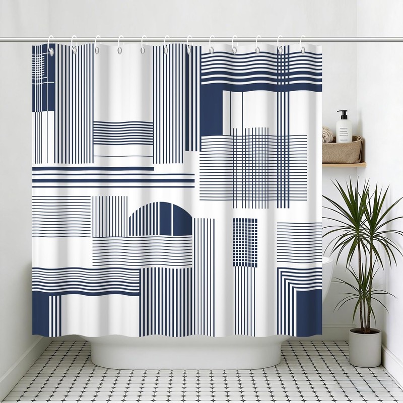 Yeele Navy Blue Geometric Line Art Shower Curtain, Modern Abstract
