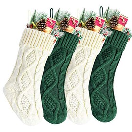 Kunyida 14" Green and Ivory Knit Christmas Stockings for Fireplace Holiday Decor,4 Pack