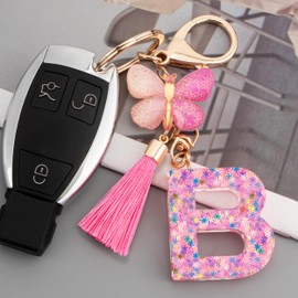 Suweibuke Cute Pink Key Chains for Women Girls, Initial Letter Keychains with Tassel, Charms for Key Purse Handbags Backpacks (Colorful Pink Butterfly-B)