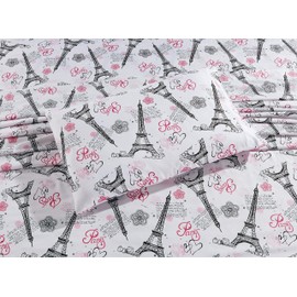 Better Home Style Paris Eiffel Tower Bonjour with Hearts Flowers Girls/Kids/Teens Sheet Set in with Pillowcases Flat and Fitted Sheets (Paris White, Queen)