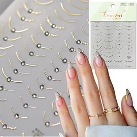 6 Sheets French Tip Nail Stickers 3D Luxury Line Nail Art Stickers with Diamond Nail Design Stickers Self-Adhesive Gold Silver Line French Tips Nail Decals for Nail Art Decoration Women Manicure DIY