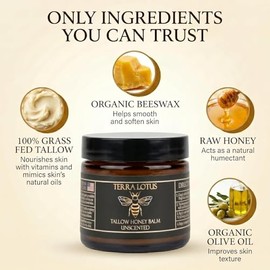 Terra Lotus - Organic Grass-Fed Beef Tallow Balm with Raw Honey - Moisturizing Cream - Handmade All-Natural Moisturizer (2 Oz, Unscented)