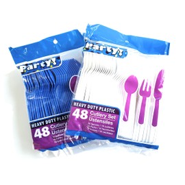 Blue & White Team Colors Disposable Silverware Collection - 96 Piece Plastic Cutlery Set - 32 Spoons, 32 Forks, 32 Knives - 2 Packs of 48 Pieces in One Safety-Sealed Pack