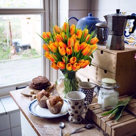 FOUSUKA Artificial Tulips Fake Flowers Outdoor UV Resistant 4 Bundles 40 Heads Silk Tulip Faux Plastic Greenery Plants Flower for Home Outside Garden Porch Window Planters Decor (Orange)