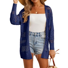 GRECERELLE 2025 Women Summer Crochet Boho Long Sleeve Lightweight Oversized Open Front Cardigan Sweaters Kimonos Tops, Navy Blue, Small