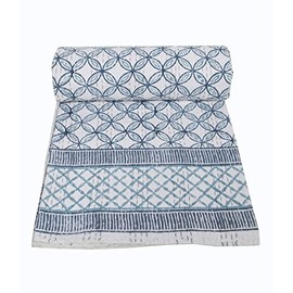 YUVANCRAFTS Indian Handmade Cotton Kantha Quilt Traditional Indigo Print Twin Quilt Blanket Bedspreads Throw (Blue)