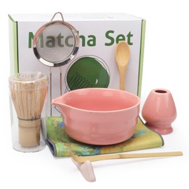 8 Pcs Matcha Set, Traditional Pink Matcha Kit with Matcha Whisk, Whisk Holder, Bowl, Scoop, Scoop Rest, Powder Sifter, Tea Spoon and Cloth Complete Bamboo & Ceramic Matcha Tea Set for Matcha Lovers