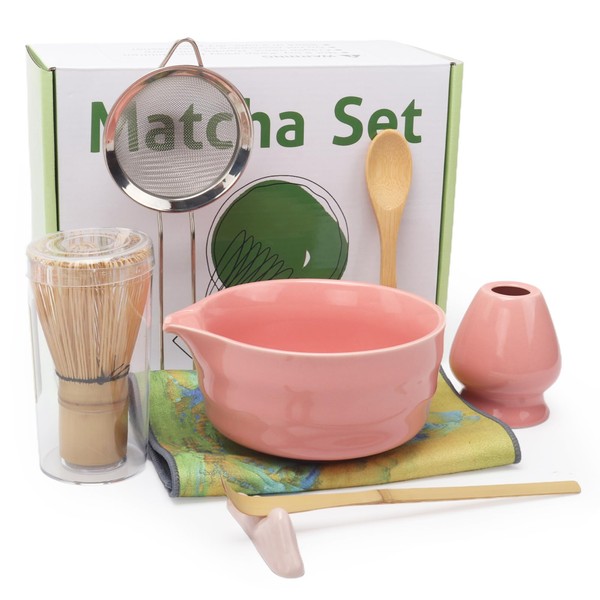8 Pcs Matcha Set, Traditional Pink Matcha Kit with Matcha