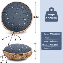 ANGELBECKE Steel Tongue Drum 13 Inch 15 Notes for Outside with Bag Sticks Music Book Handpan Drum Musical Education Entertainment Meditation Yoga Zen Gifts (Navy Blue)