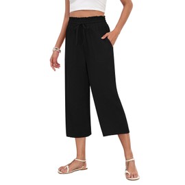 LAOLASI Womens Black Capri Pants Chiffon Fashion Wide Leg Capri Pants Casual High Waisted Work Out Pants with Pockest,L