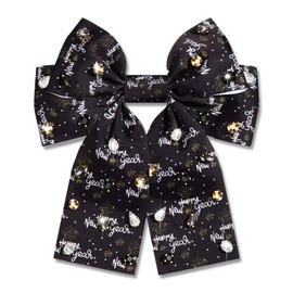 Happy New Year Hair Bows for Women, New Year’s Eve Hair Clips, Glitter Star Clock Champagne Hair Bows, Jeweled Rhinestone Black Bow Hair Ribbons New Year Outfits Holiday Accessories Gifts (Pattern C)