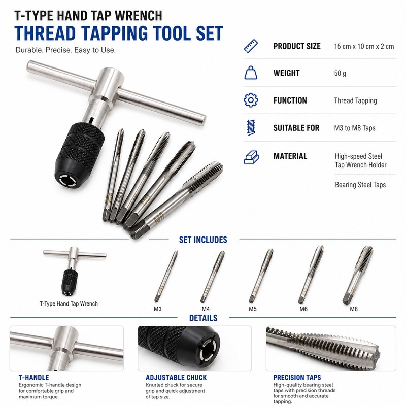 T-Handle Tap Wrench Set for Thread Tapping – 6-Piece Metric
