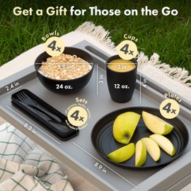 FOODLE - Juego de vajilla de paja de trigo para 4 unidades, alternativa para platos de plástico, ligero e irrompible, apto para microondas y lavaplatos, perfecto para exteriores, caravana, recámara,