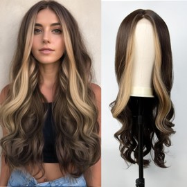 Brown Wigs Long Brown Wig for Women, 24 Inch Brown Highlights Hair Wigs with Lace, Heat Resistant Curly Synthetic Wig, Natural Looking Long Highlight Wavy Wig, Middle Part Hair Replacement Wig