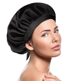 Auban Satin Bonnet 2 Pcs Sleep Cap Ribbon Hair Wrap Elastic Band Hair Bonnet for Women Sleeping Hair Care Reduce Hair Loss Black No Fading Stay on for Beauty Makeup