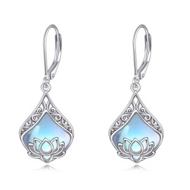 POPLYKE Lotus Flower Earrings 925 Sterling Silver Teardrop Moonstone Dangle Earrings for Women Lotus Jewelry Gifts Birthday