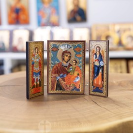 Orthodox Triptych Icon – Folding Wooden Byzantine Icon – Christian Religious Gift & Home Decor – Small Size 3.35" Tall (Theotokos of Tenderness Rila Monastery)