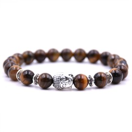 Handmade Buddha Charm Bracelet – Healing Stone Beads Bracelet with Buddha Charm, Mala Beads Yoga Beads – Stretch Bead Bracelet for Men and Women (Brown Tiger Eye)